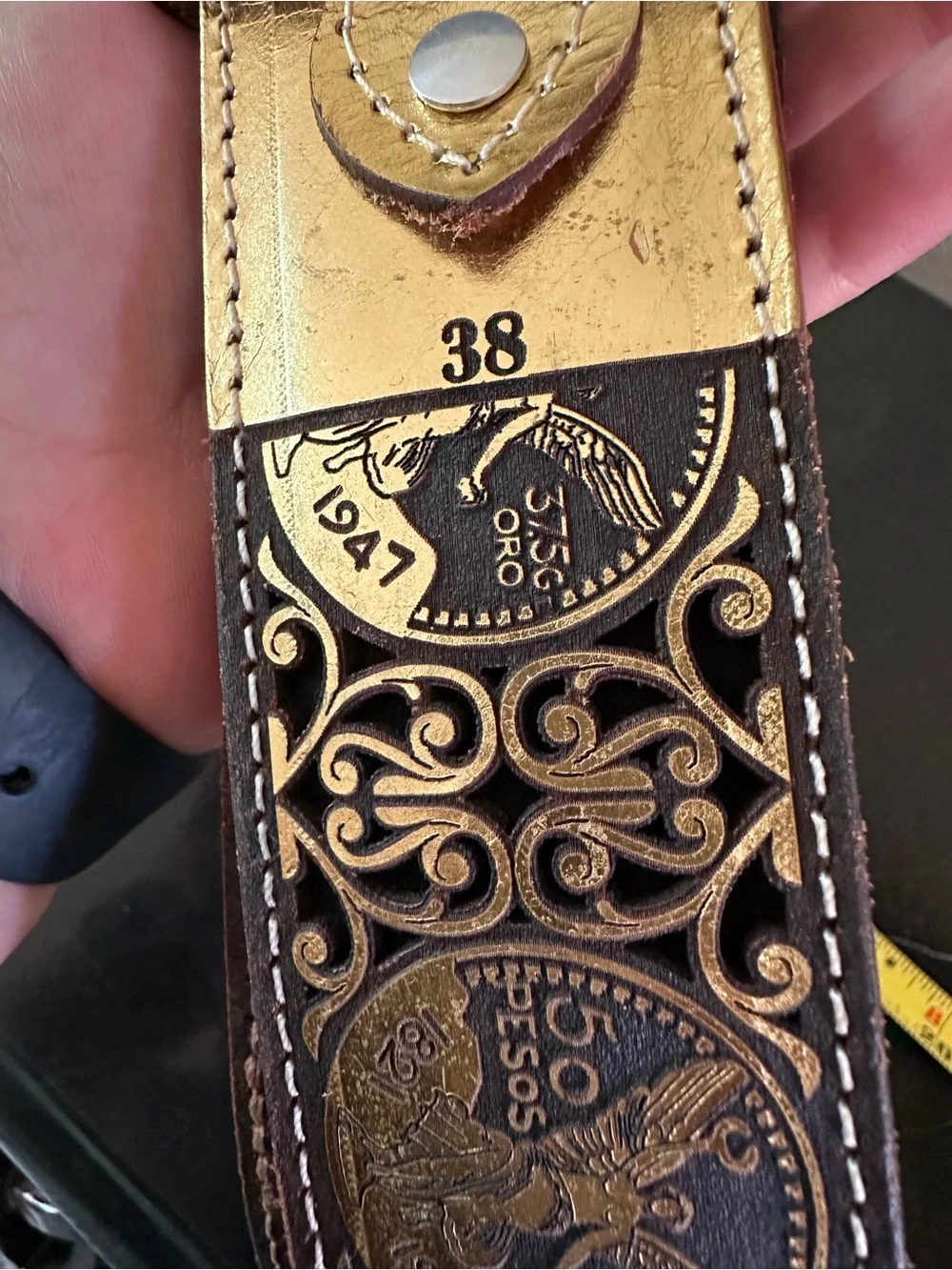 Men's Brown Embossed Leather Belt with Coin Motif new without tags